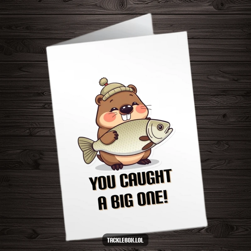 Funny Free Printable Congratulations Card: Giggling beaver in a tiny hat proudly holds a large, shiny fish, celebrating success.