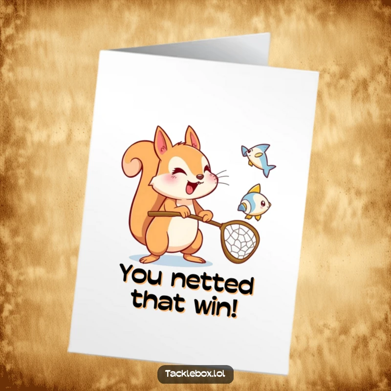 Funny Free Printable Congrats Card: An excited squirrel holds a net, trying to catch a flying fish icon.
