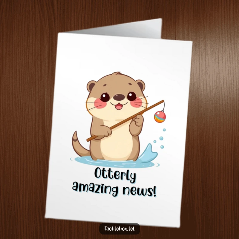 Funny Free Printable Congratulations Card: Happy otter holds fishing rod with cheerful bobber, splashing water to celebrate a big win.