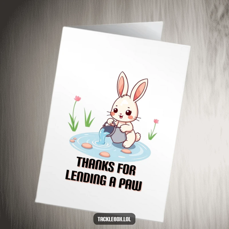 Funny Free Printable Thank You Card: A cheerful rabbit happily scoops water from a pond with a bucket.