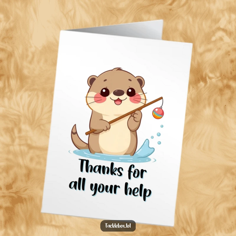 Funny Free Printable Thank You Card: Happy otter holding a fishing rod with a cheerful bobber splashes water, expressing thanks.