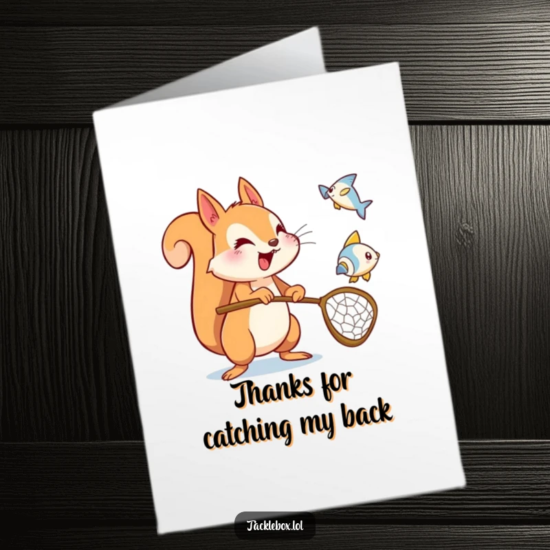 Funny Free Printable Thank You Card: An energetic squirrel enthusiastically holds a net, aiming to catch a flying fish.