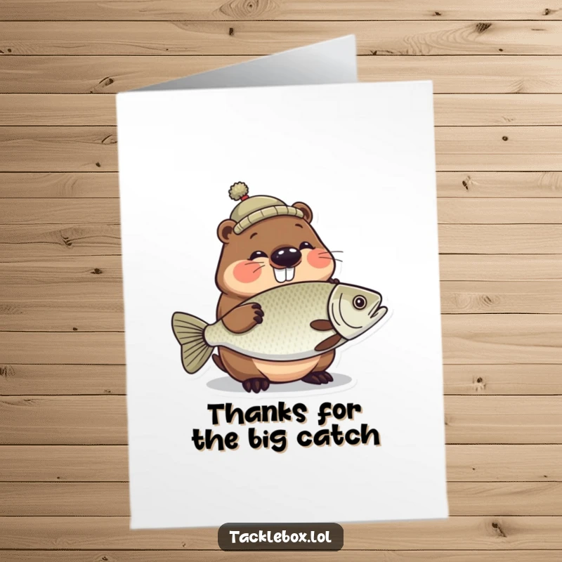 Funny Free Printable Thank You Card: Giggling beaver wearing a tiny hat proudly holds a large, shiny fish when saying thanks.