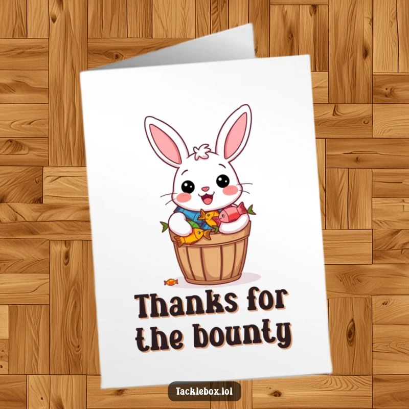 Funny Free Printable Thank You Card: Cheerful bunny beaming proudly holds a bucket overflowing with colorful fish, expressing thanks.