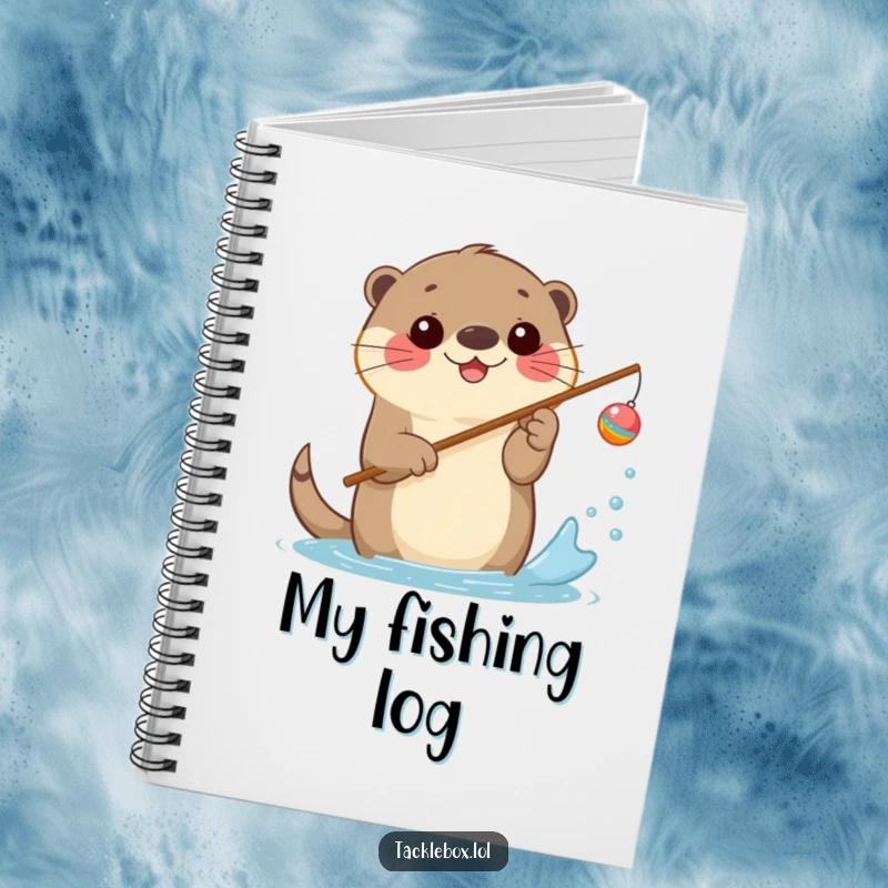 Funny notebook displaying a happy otter holding a fishing rod with a cheerful bobber, splashing water.