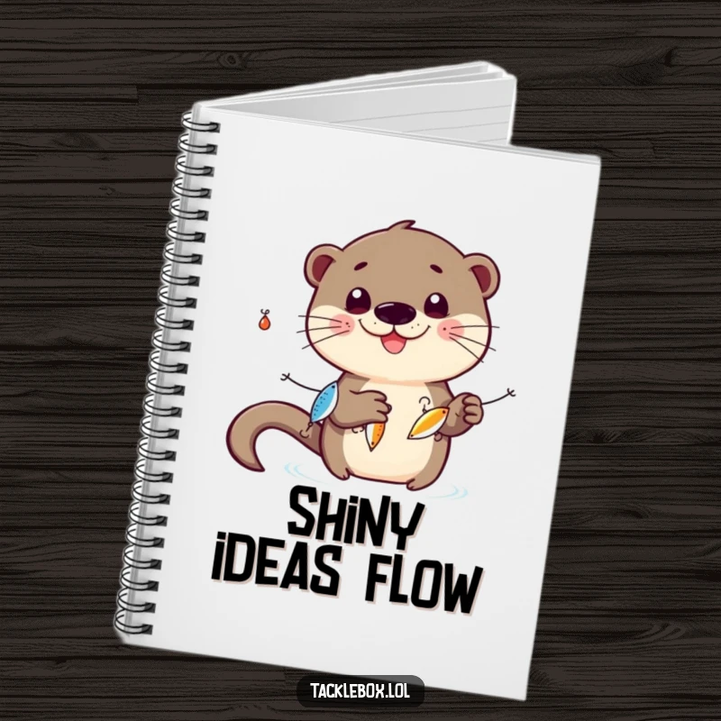 Funny otter notebook, smiling character juggling three shiny fishing lures, ideal for capturing notes with playful humor.