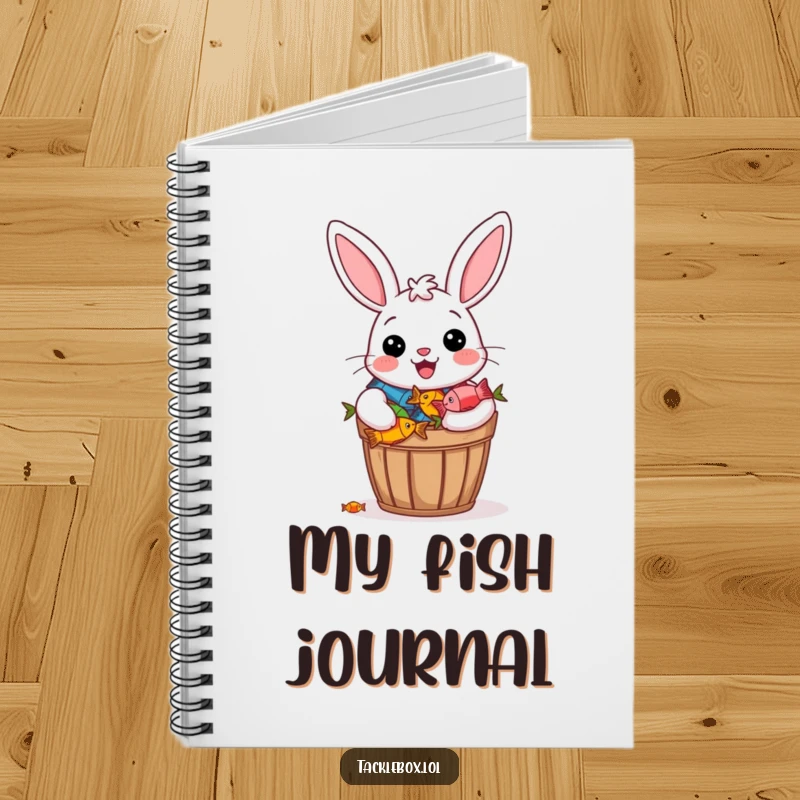 Funny notebook displaying a cheerful bunny beaming proudly with a bucket overflowing with colorful fish.