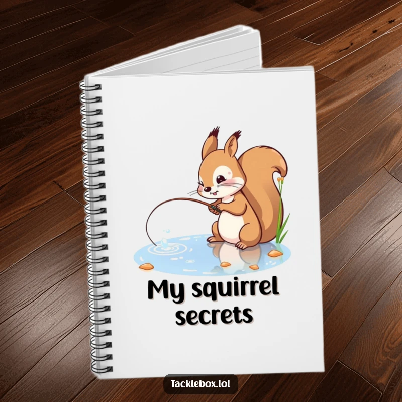 Funny notebook displaying a playful squirrel with a determined expression, casting a fishing line into a sparkling pond.