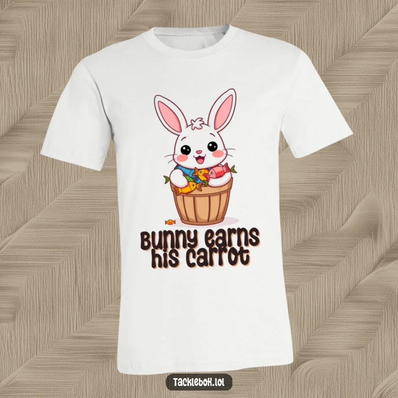 Funny t-shirt of a cheerful bunny beaming proudly with a bucket overflowing with colorful fish.