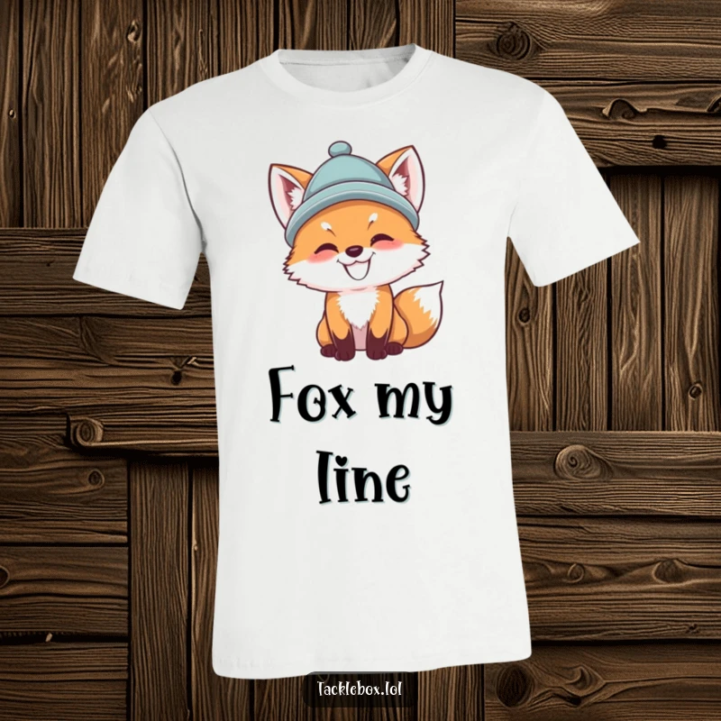 Funny fox cub t-shirt, wearing a hat, determinedly casting a fishing line, embodying a humorous and stylish angler.