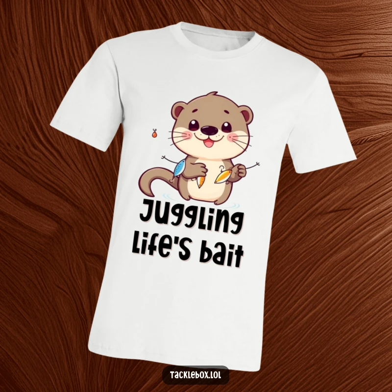Funny otter t-shirt, smiling character, humorously juggling three shiny fishing lures with impressive skill.