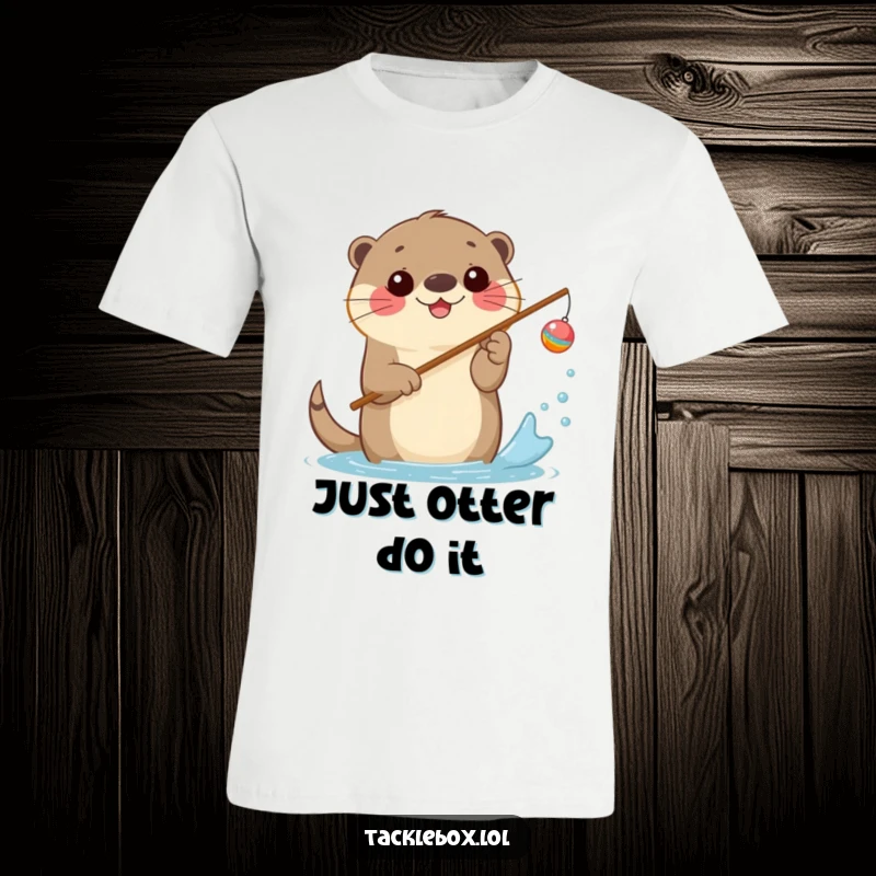 Funny t-shirt showing a happy otter holding a fishing rod with a cheerful bobber, splashing water.