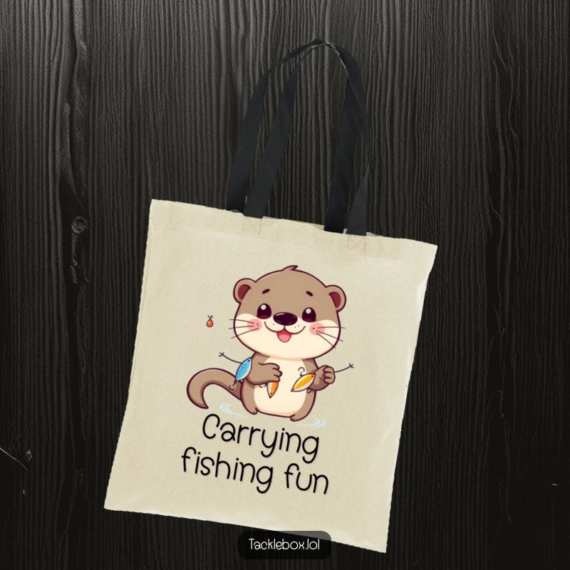 Funny otter tote bag, smiling character juggling three shiny fishing lures, perfect for carrying essentials with quirky humor.