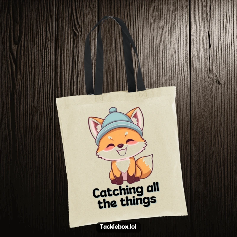 Funny fox cub tote bag, dapper cub wearing a hat, casting a fishing line, perfect for stylish anglers and humor.