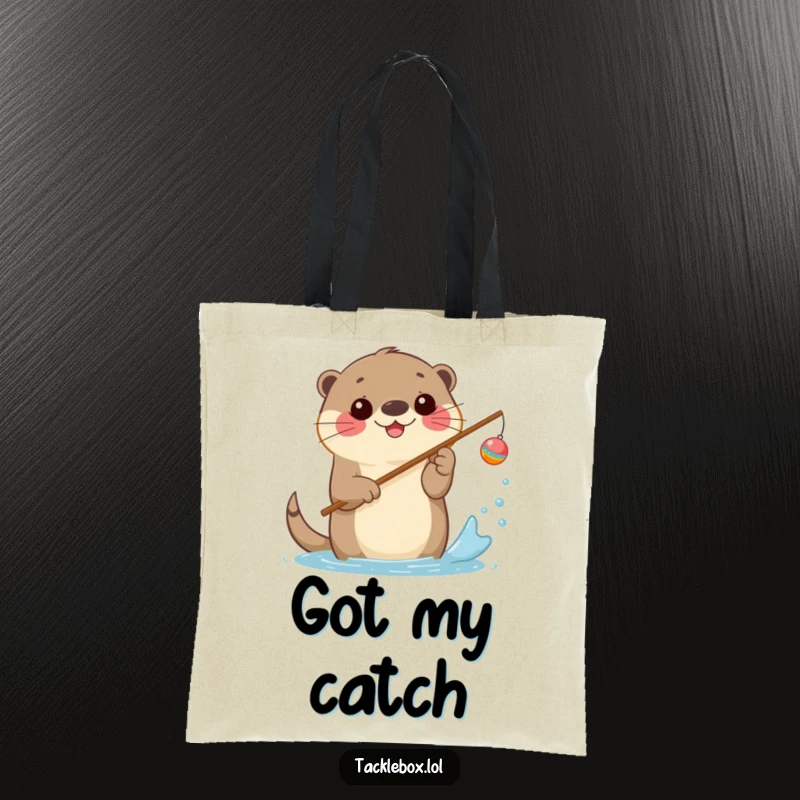 Funny tote bag featuring a happy otter holding a fishing rod with a cheerful bobber, splashing water.